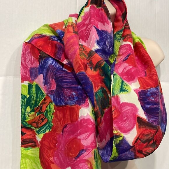 Vintage Express Pure Silk Floral Scarf Wrap Fringe Colorful Lightweight - Picture 2 of 6